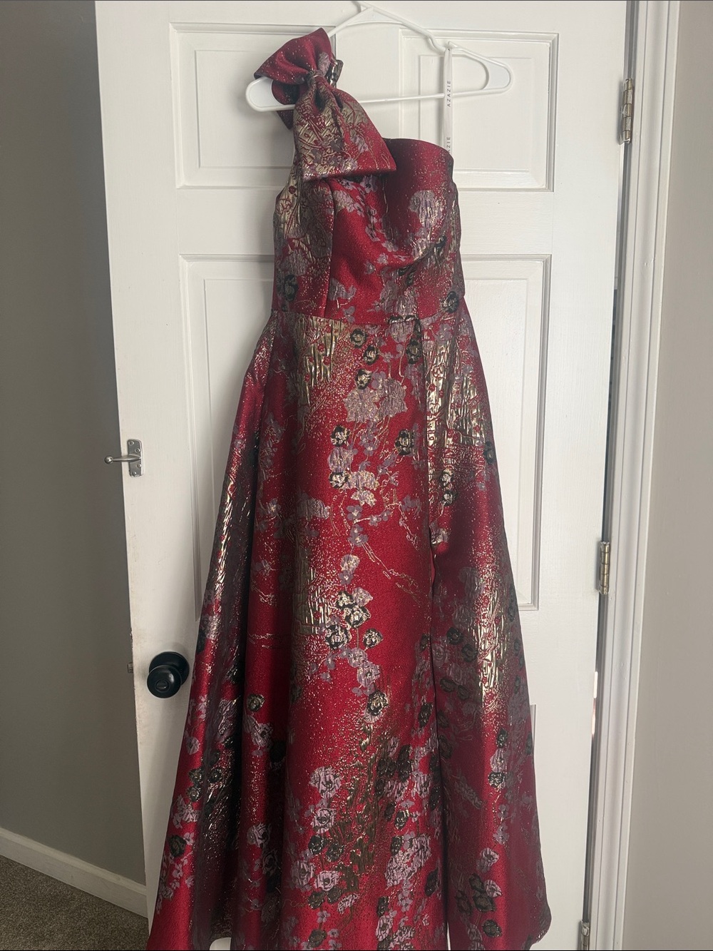 Azazie Red Metallic Floral One-Shoulder Evening Gown
